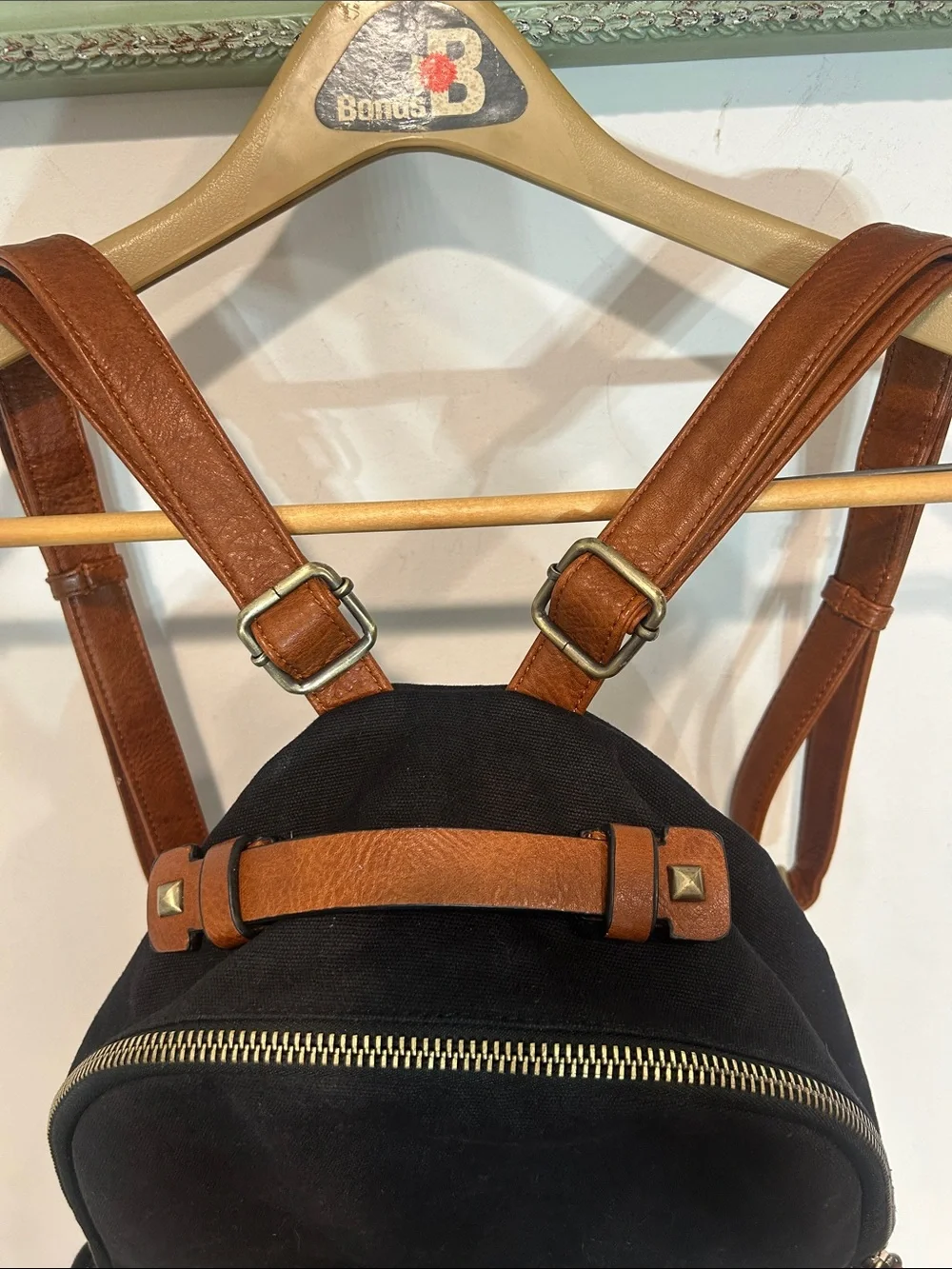 Altar'd State Black canvas studded Backpack l Brown Leather Trim one size adult